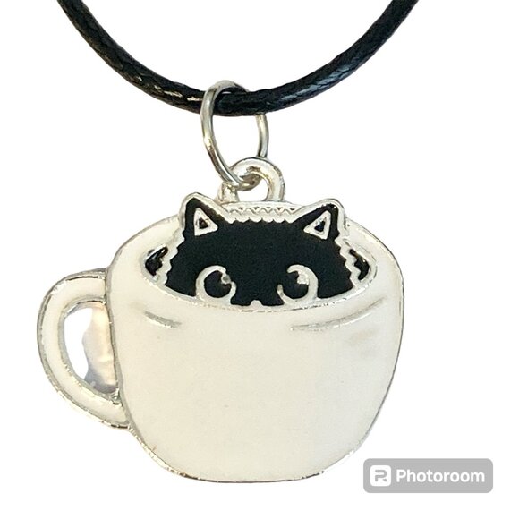 Black Cat Charm Pendant Necklace 16-18" Enamel Coffee Cup Halloween Cat Lady - Picture 8 of 8